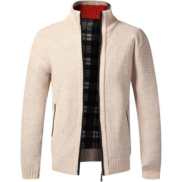 Men's Beige Casual Slim Full Zip Knitted Polyester Cardigan Sweater with Pocked - Picture 1 of 5